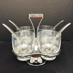 Vtg Milbern Glass Chrome Wood Relish Lazy Susan w/ Spoons & Box Retro MCM Party